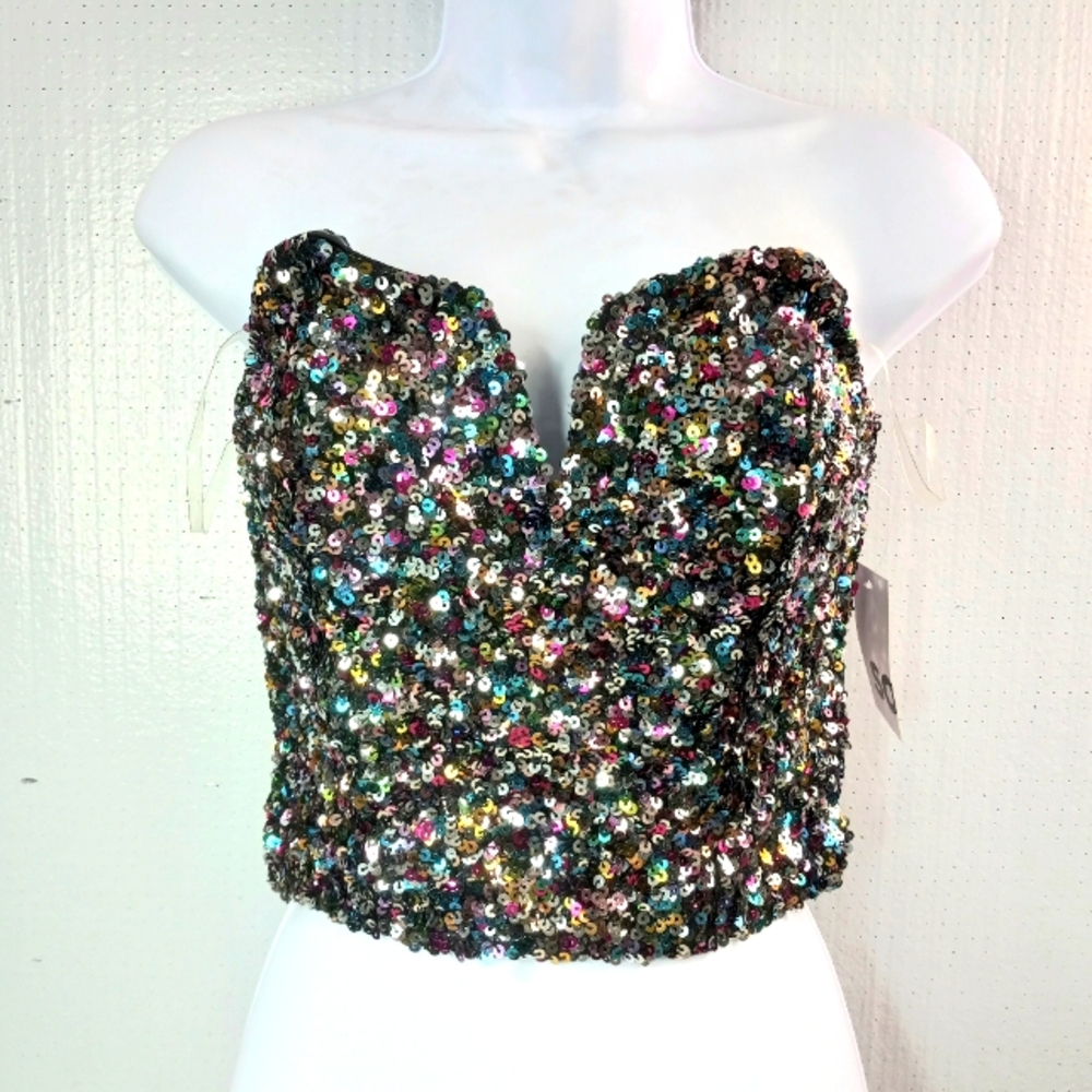 SO Alter Ego S Multi Sequined Whimseygoth Bustier in Confetti Noir NEW